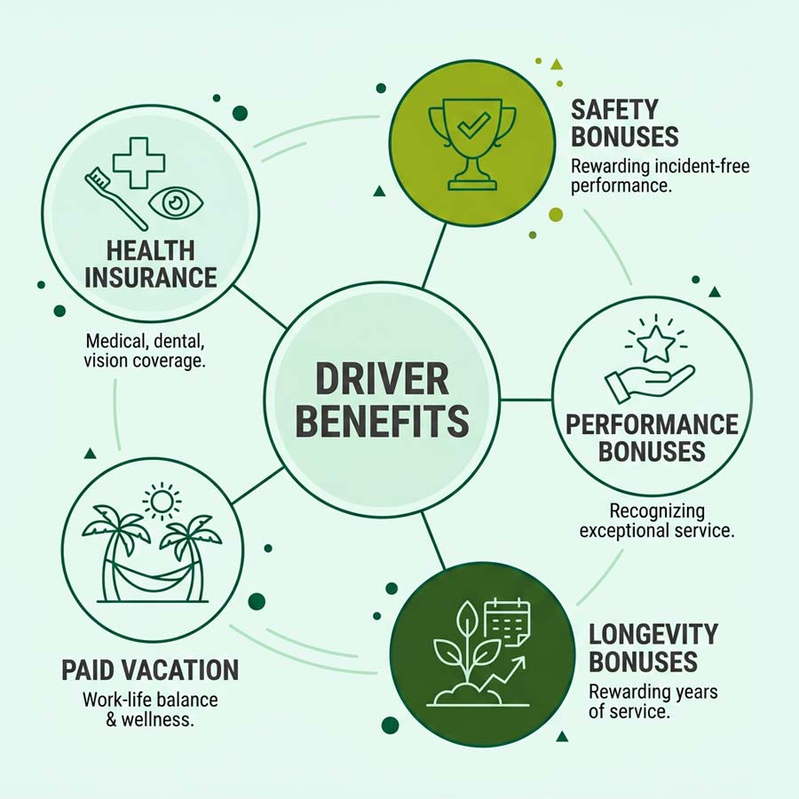Infographic highlights Trucking Driving Careers & Benefits: health insurance, bonuses, vacation.