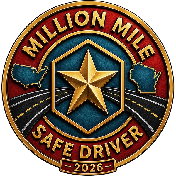 Gold star badge reading Million Mile Safe Driver 2026 with Trucking Safety & Excellence Standards.